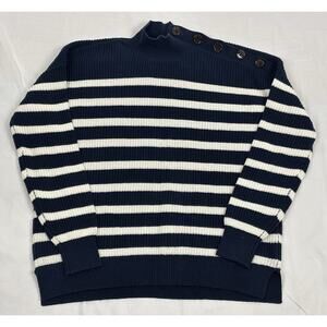 LOFT Striped Shoulder Button Mock Neck Sweater Navy Blue White Stripe Size S